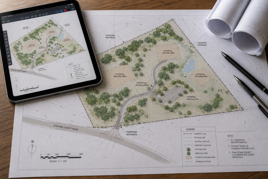Property site development plan with landscape and site layout drawings