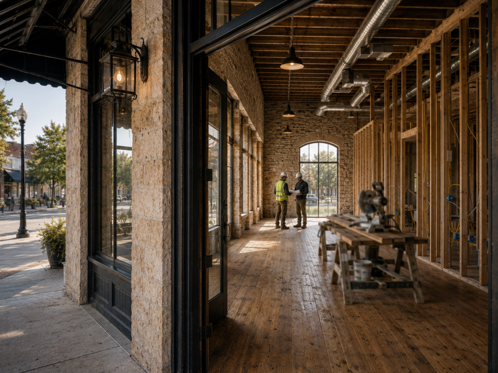 Commercial construction project with exposed framing and stone walls