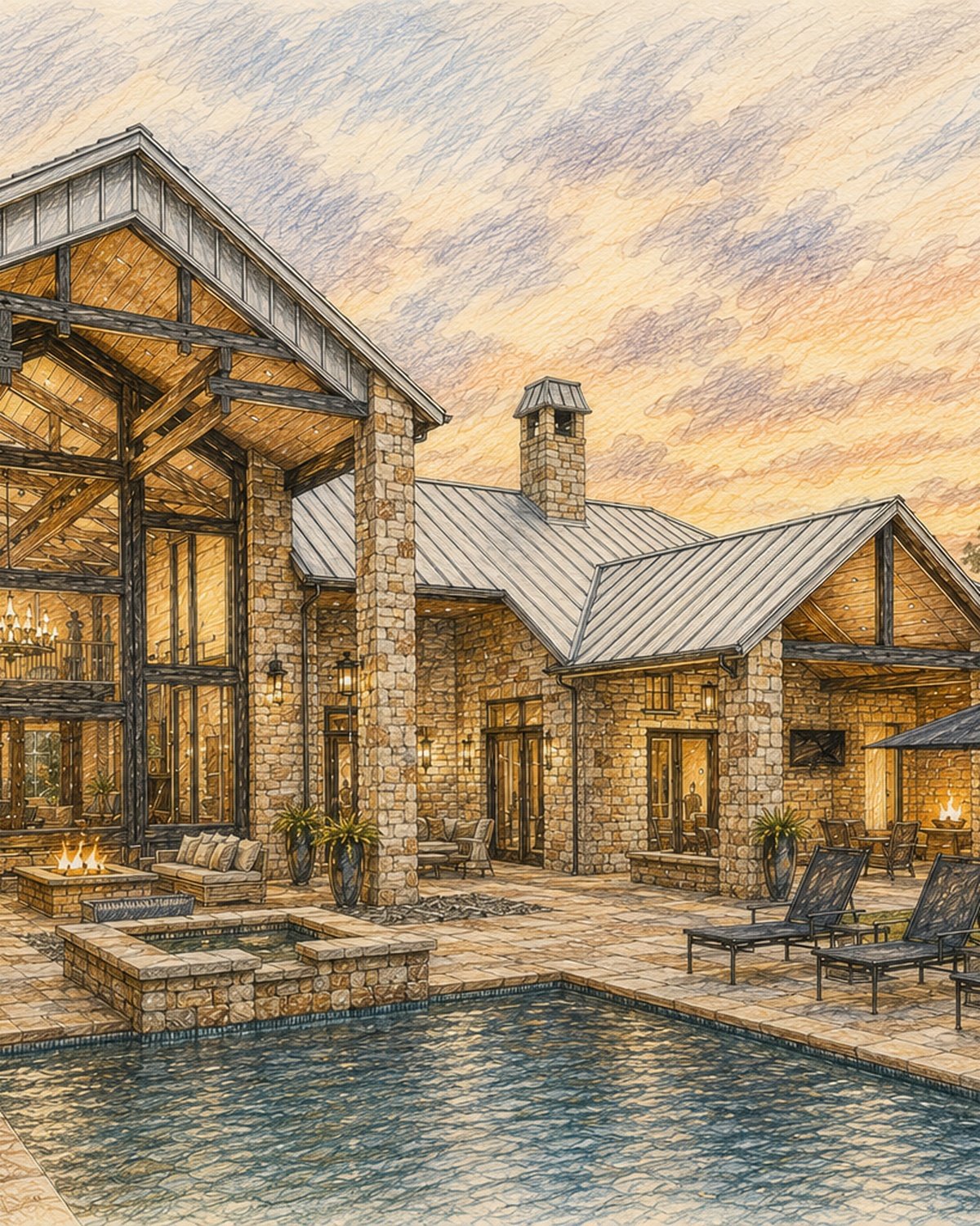 Custom residential home with stone and timber exterior