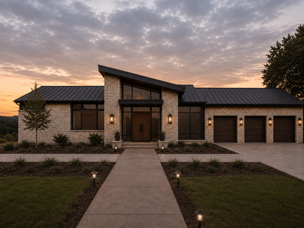 Custom residential home with stone exterior and metal roof